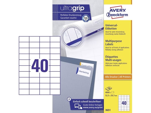 Etiket Avery 3651 hvid universal med Ultragrip 52,5 x 29,7mm m/4000 stk. (100 ark)