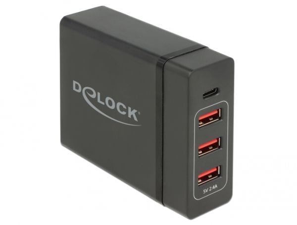 Delock USB Charger 1 x USB Type-C PD + 3 x USB Type-A 60 W - Strømadapter - AC 100-240 V - 60 watt - utgangskontakter: 4 - svart
