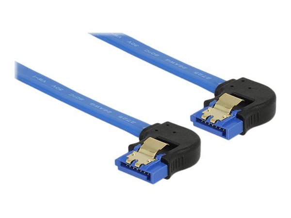 Delock - SATA-kabel - Serial ATA 150/300/600 - SATA(R) høyre vinkel til SATA(R) venstre vinkel - 10 cm - haspe - blå