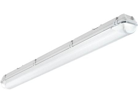 Alhama Tyhjä 1-putkinen valaisin 600 mm LED-valoputkille, polykarbonaattikanta/-kilpi, muoviklipsi, ilman sisäistä läpivientijohdotusta.