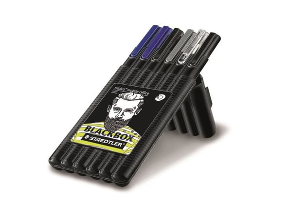 STAEDTLER triplus Black box - Kynä, Fineliner, rajauskynä, valokynä, mekaaninen lyijykynä ja rullakärkisetti - musta, sininen, keltainen (6 kpl)