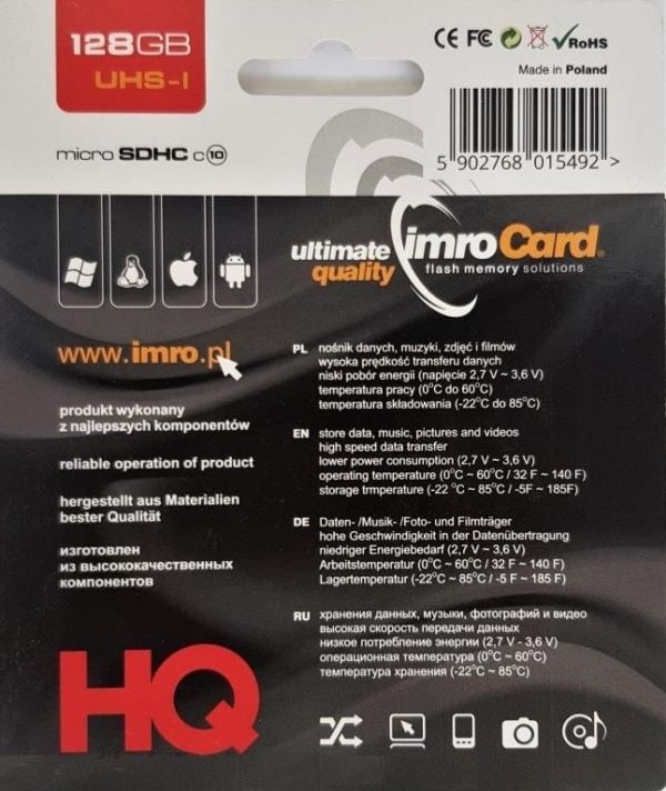 IMRO 10/128G UHS-I ADP, 128 GB, MicroSDHC, Klasse 10, UHS-I, Klasse 1 (U1), Sort