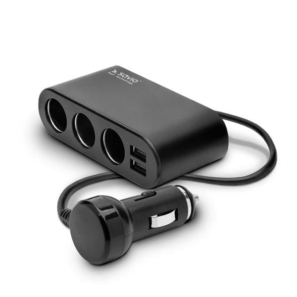 SAVIO SA-024 - Strømadapter for bil - 120 Watt - 3,1 A - 5 utgangskontakter (2 x USB, 3 x sigarettenner) - svart