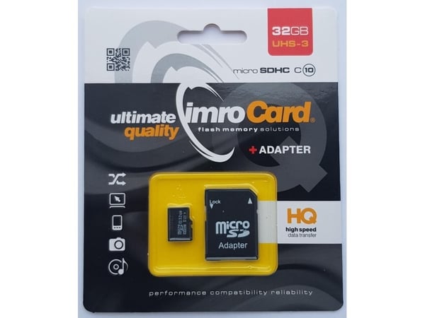 IMRO MICROSD10/32G UHS-3 ADP, 32 GB, MicroSDHC, Klasse 10, UHS-III, Class 3 (U3), Sort