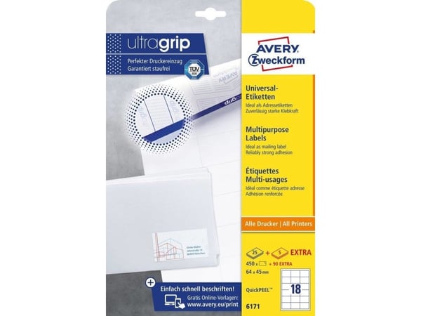 Avery Zweckform - Hvit - 64 x 45 mm 450 etikett(er) (25 ark x 18) flerbruks merkelapper
