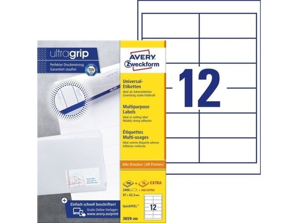 Universaletiketter Avery 3659 hvid 42.3 x 97 mm m/2400 etiketter (100 A4-ark á 12 etiketter)