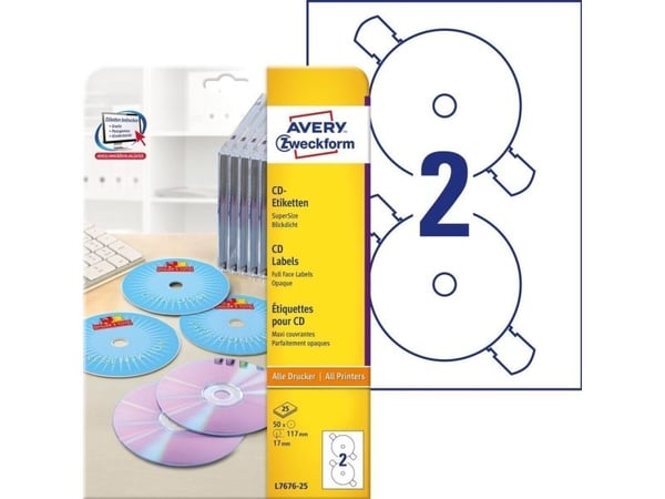 Avery - Hvit - 117 mm rund 50 etikett(er) (25 ark x 2) CD/DVD-etiketter