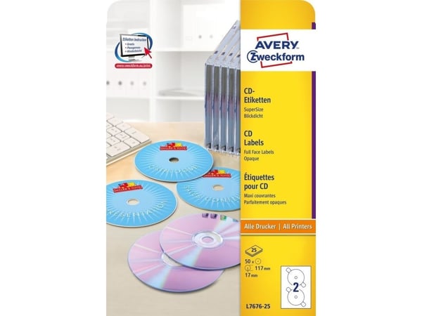 Avery - Hvit - 117 mm rund 50 etikett(er) (25 ark x 2) CD/DVD-etiketter