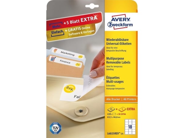 Avery L6025REV - Fjernbart adhesiv - hvit - 46.6 x 63.5 mm 450 stk (25 ark x 18) merkelapper