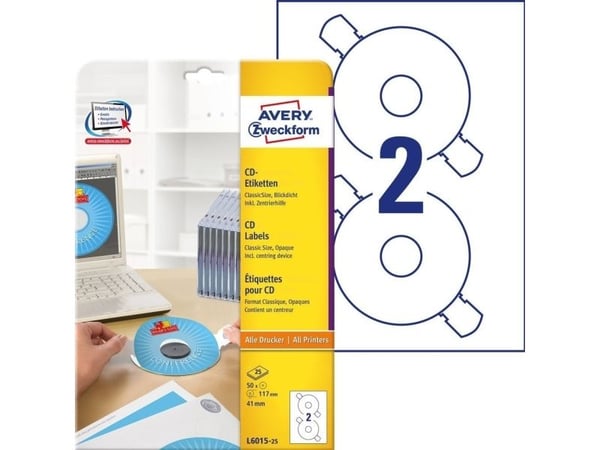 Avery CD/DVD-etiketter - Hvit - 117 mm rund 50 etikett(er) (25 ark x 2) CD/DVD-etiketter