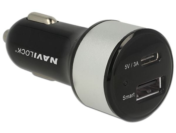 Navilock Car charger - Bilstrømadapter - 3 A - 2 utgangskontakter (USB, 24 pin USB-C) - svart
