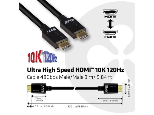 Club 3D - Ultra High Speed - HDMI-kabel - HDMI hann til HDMI hann - 3 m - svart - 4K 120 Hz støtte, 8K 60Hz støtte