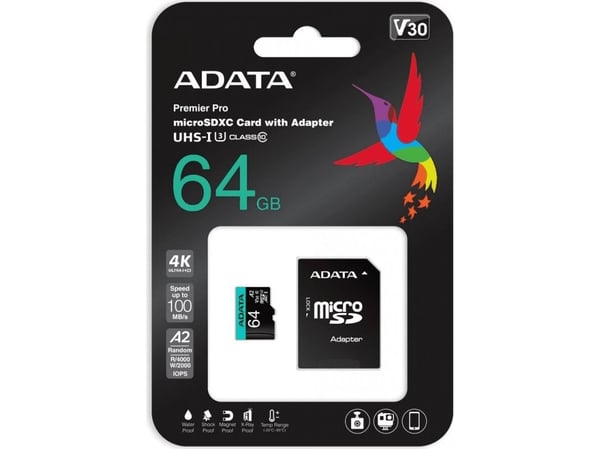 ADATA Premier Pro V30S - Flashminnekort (SD-adapter inkludert) - 64 GB - A2 / Video Class V30 / UHS-I U3 / Class10 - microSDXC UHS-I