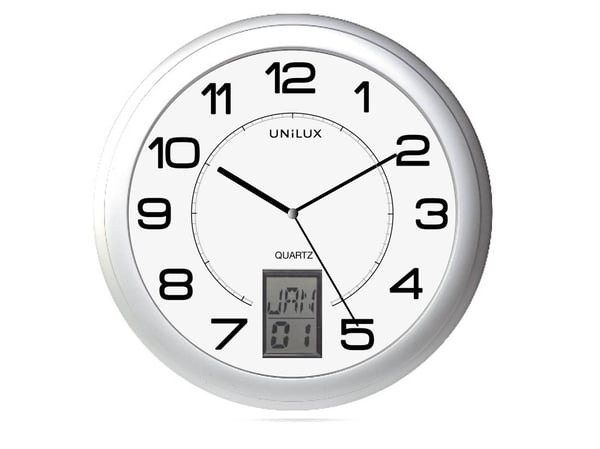 Unilux 100340853, Vegg, Kvartsklokke, Rund, Metallisk, Sølv, Akrylonitril-butadien-styren (ABS), Glass