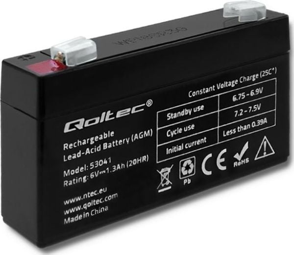 Qoltec 53041, AGM (Absorbed Glass Mat), 1,3 ah, 7,5 V, 19,5 A, moottoripyörä, Lähes huoltovapaa