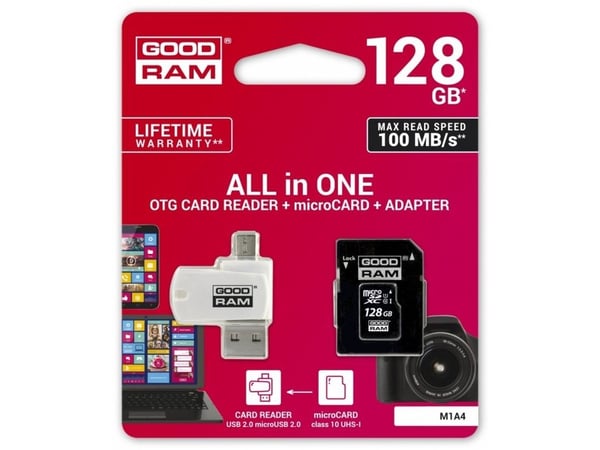 Goodram M1A4 All in One, 128 GB, MicroSDXC, Klasse 10, UHS-I, 100 MB/s, 10 MB/s