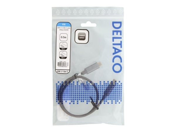 DELTACO USBC-1361 - USB-kabel - USB-C (hann) til USB-C (hann) - USB 3.1 Gen 2 - 50 cm - USB Power Delivery (3A, 60W) - sølv