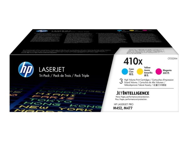 HP 410X alkuperäiset riittoisat LaserJet -värikasetit, syaani/magenta/keltainen, kolmoispakkaus, 5000 sivua, Syaani, Magenta, Keltainen, 3 kpl