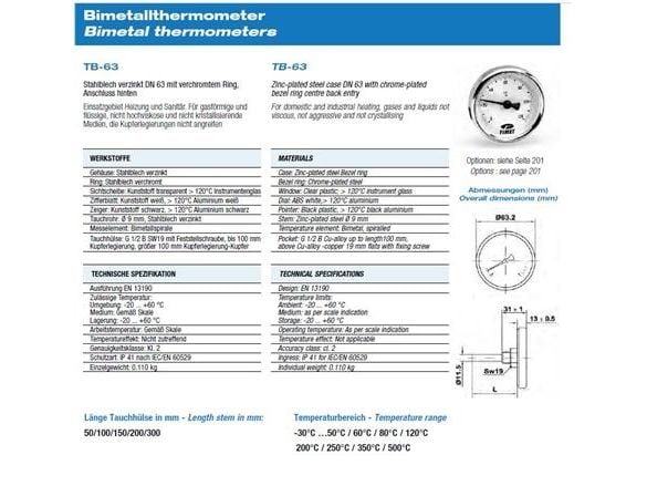 Csslr Plus termometer TB-63, ½ x 100mm bagudvendt tilsl. Ø66X100MM 0-120° Klasse 2. Type TB