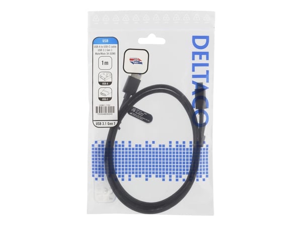 DELTACO - USB-kabel - USB-type A (hann) til USB-C (hann) - USB 3.1 Gen 1 - 3 A - 1 m - svart