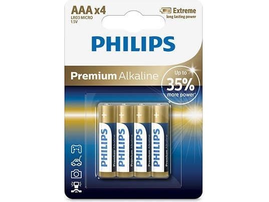 Philips Premium Alkaline Batteri LR03M4B/10, Engangsbatteri, AAA, Alkalinsk, 1,5 V, 4 stykker, Cd (kadmium), Hg (kvikksølv), Pb (bly)