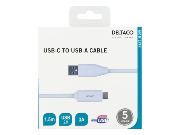 Deltaco USBC-1010M, 1,5 m, USB A, USB C, USB 2.0, Valkoinen