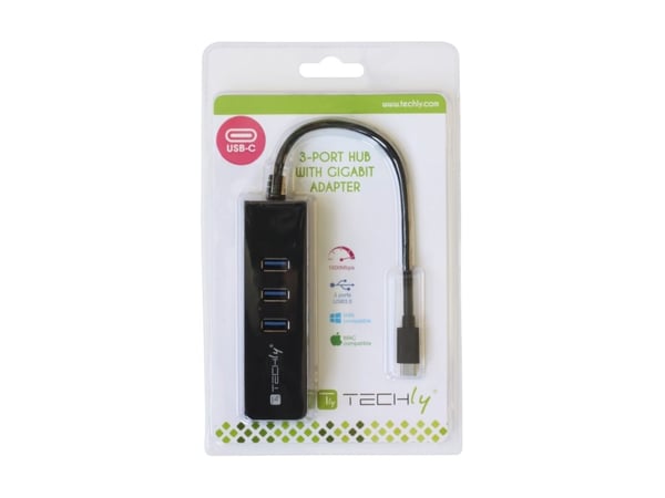 TECHly USB3.0 Gigabit Ethernet Adapter Converter med 3-Port Hub - Nettverksadapter - USB 3.0 - Gigabit Ethernet x 1 + USB 3.0 x 3 - svart