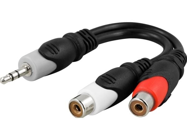 DELTACO - Audioadapter - mini-phone stereo 3.5 mm hann til RCA hunn - 10 cm - skjermet - svart