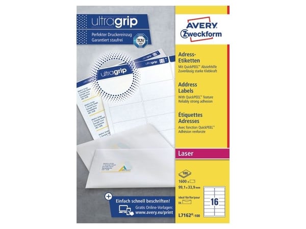 Adressetiketter, Avery L7162-100, 99,1 x 33,9 mm, 16 st per ark, 100 ark