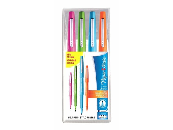 Papermate Flair Original, Medium, 4 färger, Blå, Grön, Orange, Rosa, Rundad spets, 1 mm, Blå, Grön, Orange, Rosa