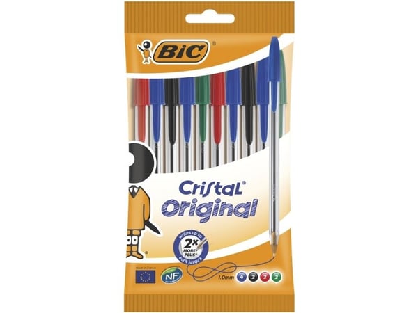 BIC Cristal Original, Klips, Uttrykkbar kulepenn med hengefeste, Gjenfyllbar, Sort, Blå, Grønn, Rød, 10 stykker, Medium