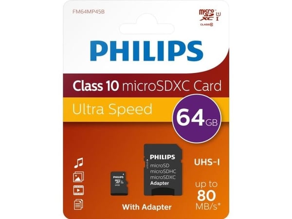Philips - Flashminnekort (microSDXC til SD-adapter inkludert) - Class 10 - microSDXC