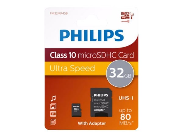Philips FM32MP45B/00, 32 GB, MicroSDXC, Luokka 10, UHS-I, 80 MB/s, Class 1 (U1)