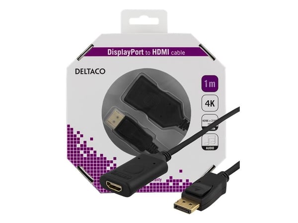 DELTACO DP-HDMI36-K - Adapterkabel - DisplayPort hann til HDMI hunn - 1 m - svart - aktiv