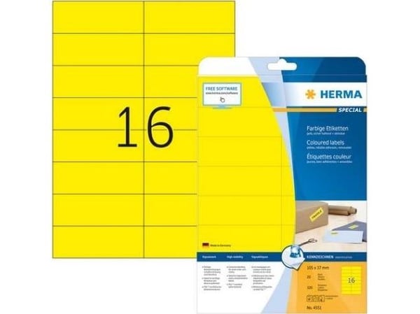 HERMA 4551, Gult, Rektangel, A4, Universell, Matte, Laser/Blekkskriver