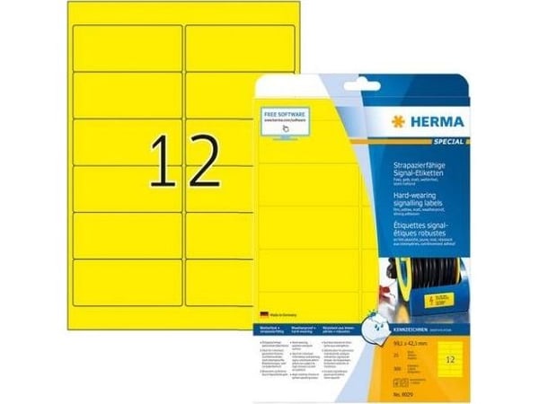HERMA 8029, Keltainen, Itse kiinnittyvä tulostintarra, A4, Laser, Kiinteä, Matta