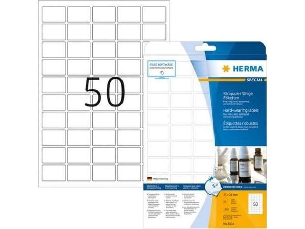 HERMA 8338, Valkoinen, Itse kiinnittyvä tulostintarra, A4, Laser, Kiinteä, Matta