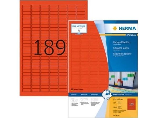 HERMA 4238, Rød, Avrundet rektangel, Matte, 189 stykker, 100 ark, 25,4 mm