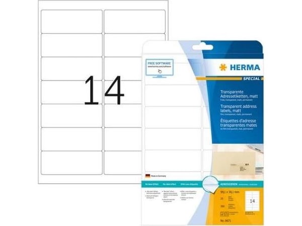 HERMA 8671, Läpinäkyvä, Laser, Matta, Kiinteä, Pyöristetty suorakulmio, 9,91 cm