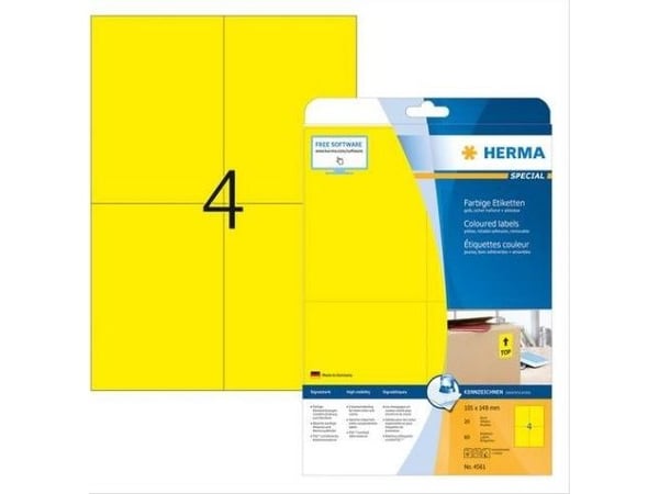 HERMA 4561, Gult, Rektangel, A4, Universell, Matte, Laser/Blekkskriver
