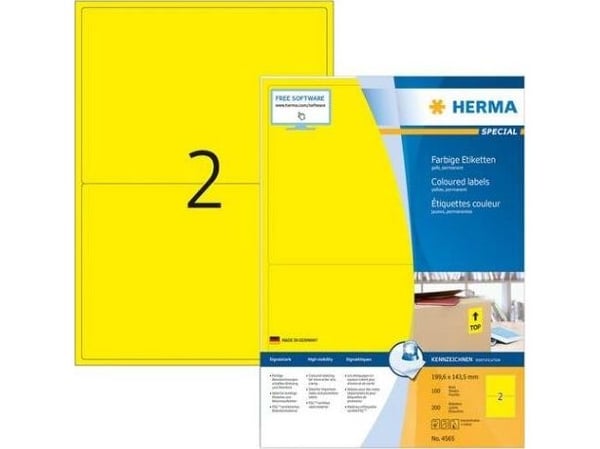 HERMA 4565, Gult, Rektangel, A4, Universell, Matte, Laser/Blekkskriver