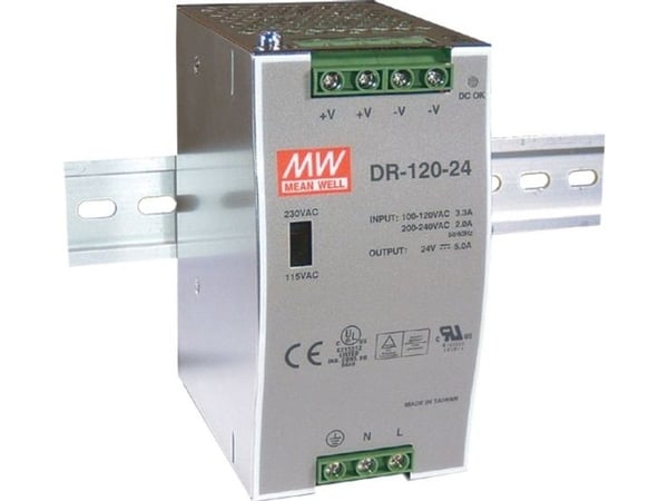 MEAN WELL DR-120-12, 120 W, 170 - 264 V, 47 - 63 Hz, 36 ms, 80%, Over-spenning (volt), Overoppheting, Overbelastning, Kortslutning