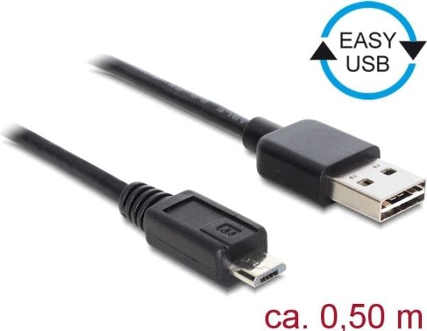 Delock Easy - USB-kabel - USB (hann) reversibel til Micro-USB type B (hann) - USB 2.0 - 50 cm - svart