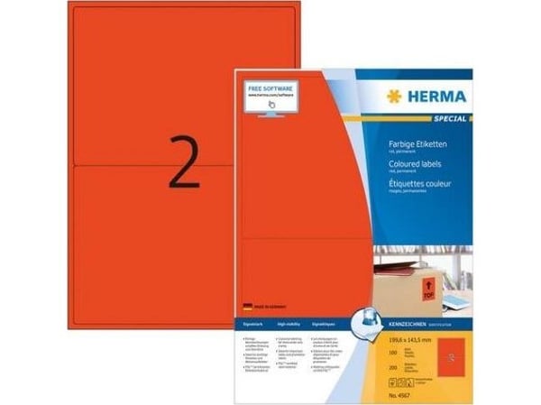HERMA 4567, Rød, Rektangel, A4, Universell, Matte, Laser/Blekkskriver