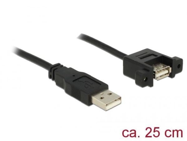 Delock - USB-forlengelseskabel - USB (hann) til USB (hunn) panelmonterbar - USB 2.0 - 25 cm - svart