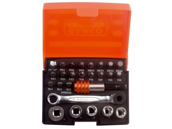 Bahco Standard skrutrekkerbitssett, bitholder, 1/4" Piper og skraller – 26 deler, 18 stykker, Hex (metrisk), Philips, Pozidriv, Spor/slot, Torx, St...