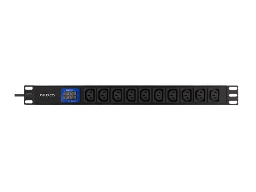 Deltaco 19" virtapaneeli, 10x IEC C13, 2500W, virta- ja jännitemittari, 2 m, Sisätila, C13 liitin, C14 liitin, Musta, Kiina
