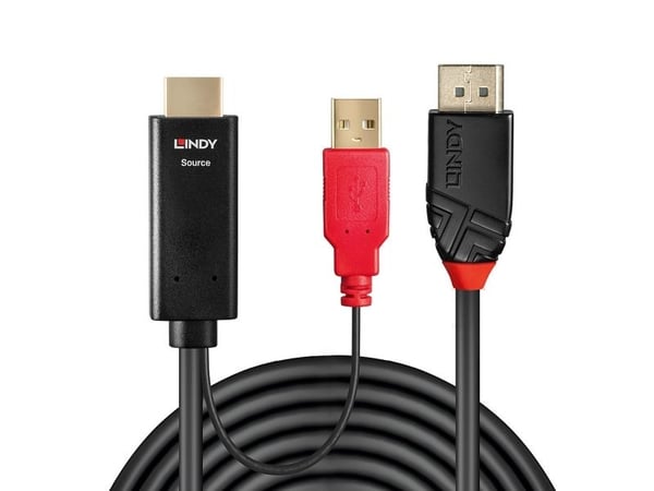 Lindy 41428, 5 m, DisplayPort, HDMI + USB, Hankjønn, Hankjønn, Gull