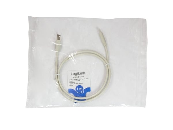 LogiLink CU0160, 1 m, USB C, USB B, USB 2.0, 480 Mbit/s, Valkoinen