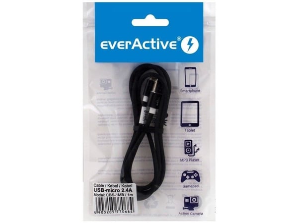 everActive Micro USB-kaapeli 1m - musta, silikoni, pikalataustuki, 2,4A - CBS-1MB